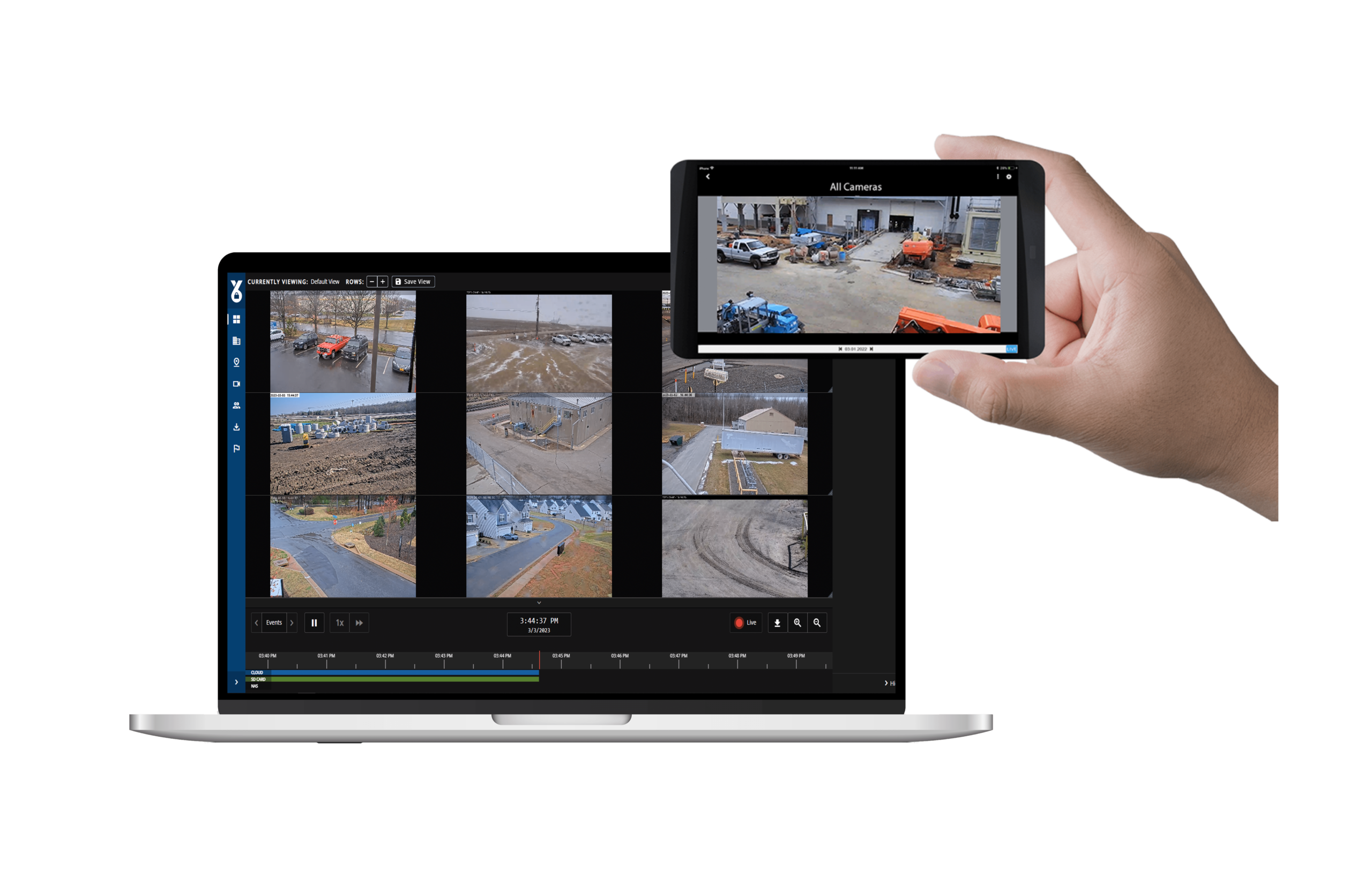 Mobile surveillance trailer live camera view shown on a phone and computer dashboard for remote monitoring of a Quad Cities jobsite