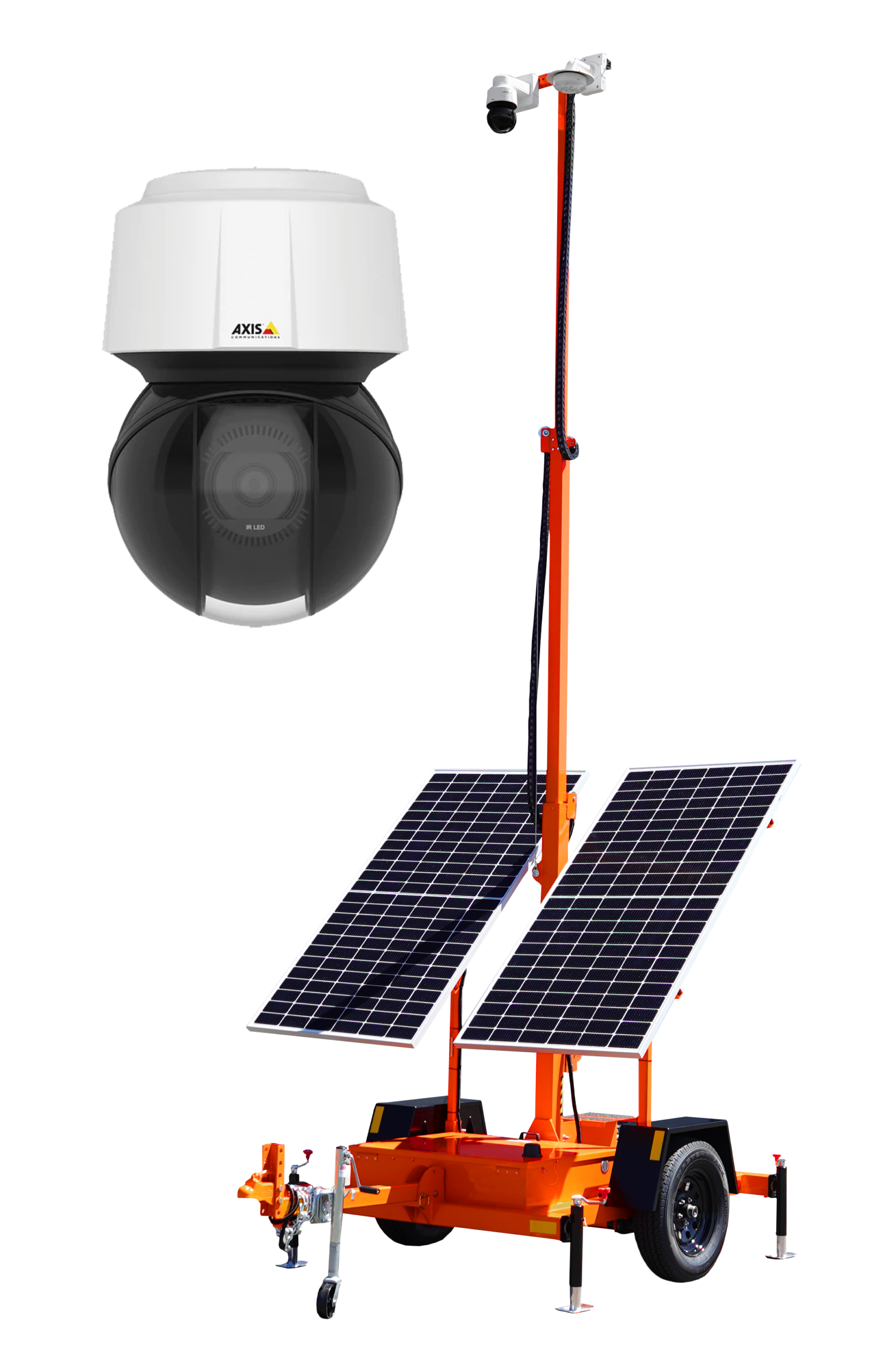 Close up of a Fusion Security mobile surveillance trailer camera head and Axis camera mounted on a telescoping pole for jobsite security in the Quad Cities